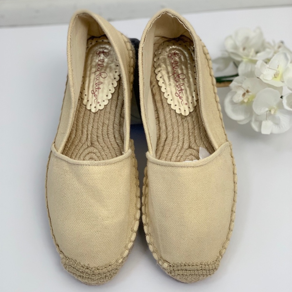 Lilly Pulitzer Lia Gold Metallic Canvas Espadrille Flats Sz 9